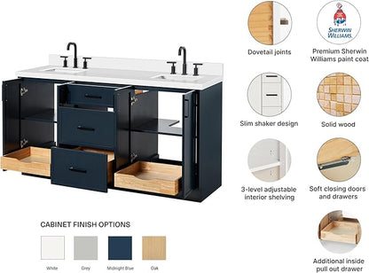 ARIEL Kelly 66-inch Bathroom Vanity with Sink,Solid Wood, 1.5-inch Pure White Quartz Countertop, Double Rectangular Porcelain Sink, 4 Soft Closing Doors, 5 Dovetail Drawers, Midnight Blue