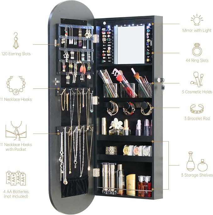 Mirror Jewelry Armoire Cabinet Organizer Wall Mounted Over the Door Black | Full-Length Lockable Rounded Wide Mirror with Storage Interior Mirror Door Mount Adjustable RGB LED Light Gift for Chrismas