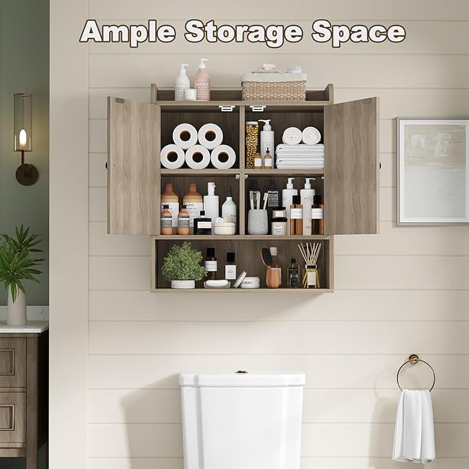 EasyCom 22" W x 26" H Bathroom Wall Cabinet, Farmhouse Medicine Cabinet with Adjustable Shelves and Double Barn Doors, Over The Toilet Storage Cabinet for Bathroom, Kitchen, Living Room, Oak Grey