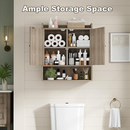 EasyCom 22" W x 26" H Bathroom Wall Cabinet, Farmhouse Medicine Cabinet with Adjustable Shelves and Double Barn Doors, Over The Toilet Storage Cabinet for Bathroom, Kitchen, Living Room, Oak Grey