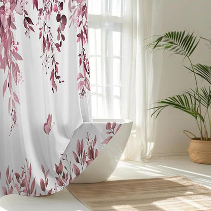 No Hook Shower Curtain and Liner Set, Dark Red Eucalyptus 71x84 | Floral Design, with Snap in Liner, See-Through Top Window, Waterproof, Machine Washable, Quick-Drying, for Hotel Bathroom