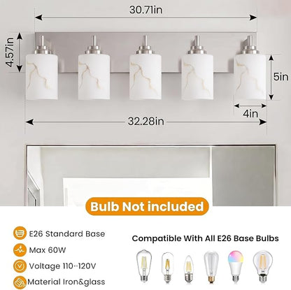 5-Light Bathroom Light Fixture, Brushed Nickel Modern Vanity Light with White Marble Glass Shade, for Bathroom Mirror, Living Room, Bedroom, Hallway, E26 Base, Extended Base