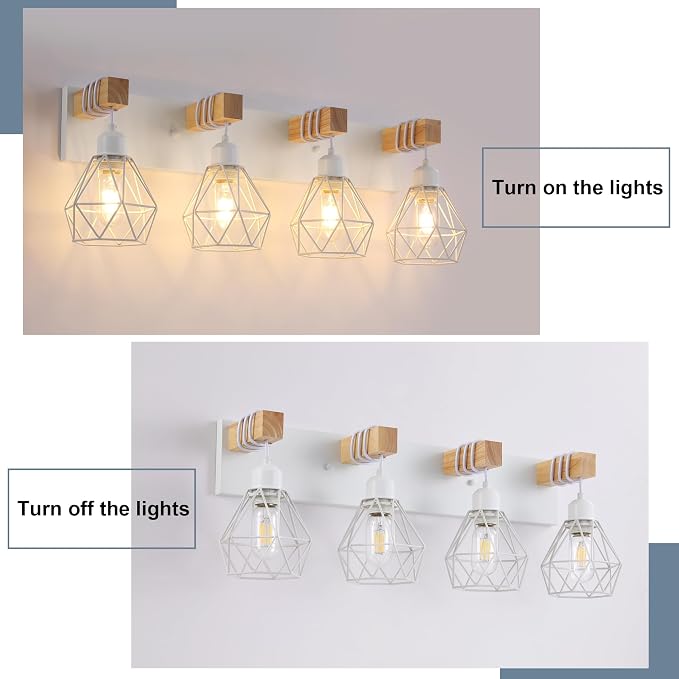 VbiTmn Bathroom Light Fixtures, 4 Light White Farmhouse Wood Vanity Lights | Rustic Design, Diamond Metal Shades, Easy to Install, Wall Sconces for Bathroom, Bedroom, Makeup Area, Over Vanity Mirror "