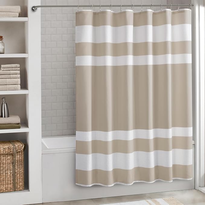 Madison Park Spa Waffle Weave Long Shower Curtain, 72 x 78, Taupe | Striped, Pieced Fabric Design, 3M Scotchgard Moisture Management, Hotel Quality, Modern, for Bathroom, OEKO-TEX Certified