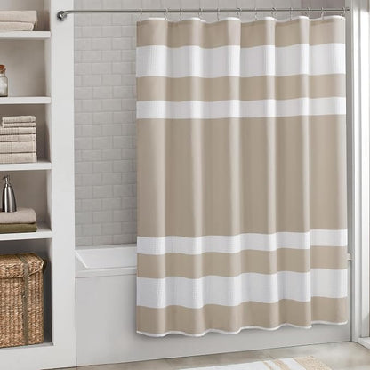 Madison Park Spa Waffle Weave Long Shower Curtain, 72 x 78, Taupe | Striped, Pieced Fabric Design, 3M Scotchgard Moisture Management, Hotel Quality, Modern, for Bathroom, OEKO-TEX Certified