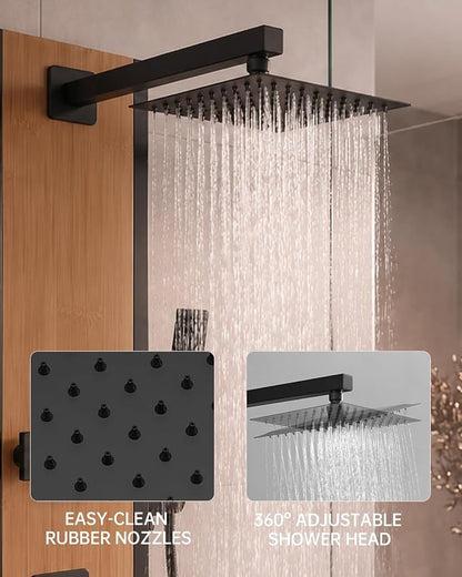 BWE Stainless Steel Shower Panel Tower System Black and Bamboo 8 Jets | Multi-Function Shower Panel System with Handheld Wand Wall Mount Shower Column Rainfall Shower Head Sprayer