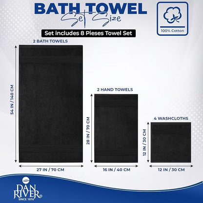 DAN RIVER 8 Piece Luxury Bath Towels for Bathroom, Towel Set, Black | 2 Bath towels, 2 Hand towels, and 4 Wash Cloths, 600 GSM 100% Ring Spun Cotton, Highly Absorbent, Gym, Hotel, guest, and Spa