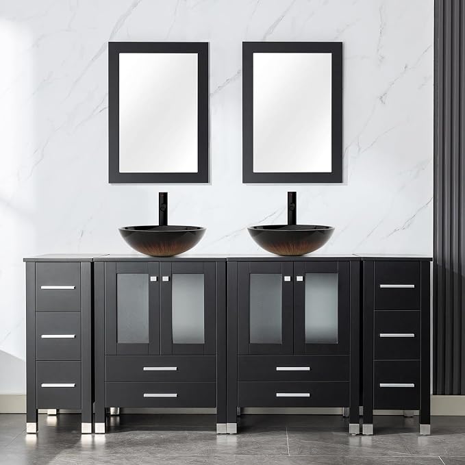 LUCKWIND 72" Bathroom Vanity Sink Combo, Double 24" Main Cabniets with Two 12.6" Side Cabinets, Painted Bathroom Storage Cabinet, Including Black Bowl Sinks, Faucets Without Mirror, Black