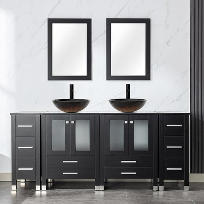 LUCKWIND 72" Bathroom Vanity Sink Combo, Double 24" Main Cabniets with Two 12.6" Side Cabinets, Painted Bathroom Storage Cabinet, Including Black Bowl Sinks, Faucets Without Mirror, Black