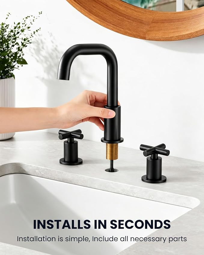 gotonovo Widespread 8 inch 3 Hole Bathroom Sink Faucet Matte Black | 2 Cross Handle Bathroom Faucet,SUS304,360° Swivel Spout,24’’ cUPC Hose,Pop Up Drain,6-16’’ Vanity,Sink,Lavatory,Basin,RV