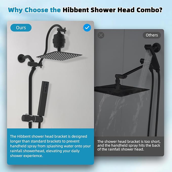 Hibbent 10'' Filtered Shower Head with 4-mode Handheld Spray, Matte Black | High Pressure Showerhead Combo, 12'' Adjustable Extension Arm, Shower Filter, Extension Bar, Easy Reach Holder, 71'' Hose