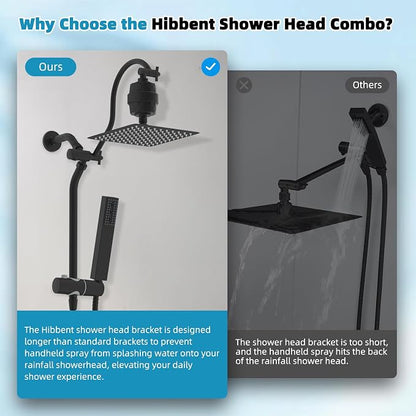 Hibbent 10'' Filtered Shower Head with 4-mode Handheld Spray, Matte Black | High Pressure Showerhead Combo, 12'' Adjustable Extension Arm, Shower Filter, Extension Bar, Easy Reach Holder, 71'' Hose