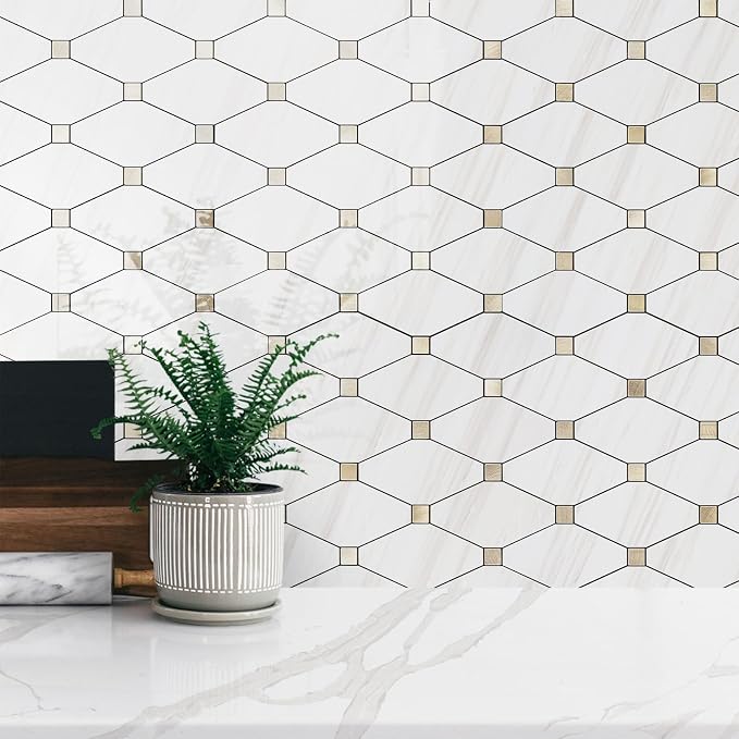 STICKGOO 1 Sheet Peel and Stick Backsplash, Polished Dolomite PVC Mixed Metal Gold Kitchen Backsplash, Stick on Backsplash Wall Tiles for Kitchen, Bathroom, RV