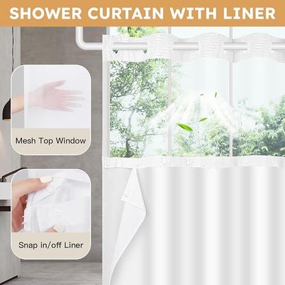 FADOTY White No Hook Shower Curtain Set with Snap in Liner, 71'' x 74'' | Bathroom Hotel Fabric Curtain, Waterproof Washable Liner, See Through Top Window, Ringless Chevron Tufted Cloth Curtain