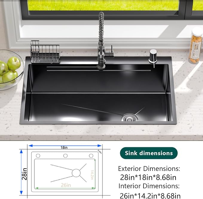 Black Drop-In Kitchen Sink:28in Stainless Single Bowl Sink &Accessories | Spacious 28-Inch Workstation Sink with 7-in-1 Accessory Set, Designed for Large Families