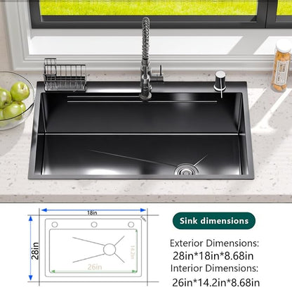 Black Drop-In Kitchen Sink:28in Stainless Single Bowl Sink &Accessories | Spacious 28-Inch Workstation Sink with 7-in-1 Accessory Set, Designed for Large Families