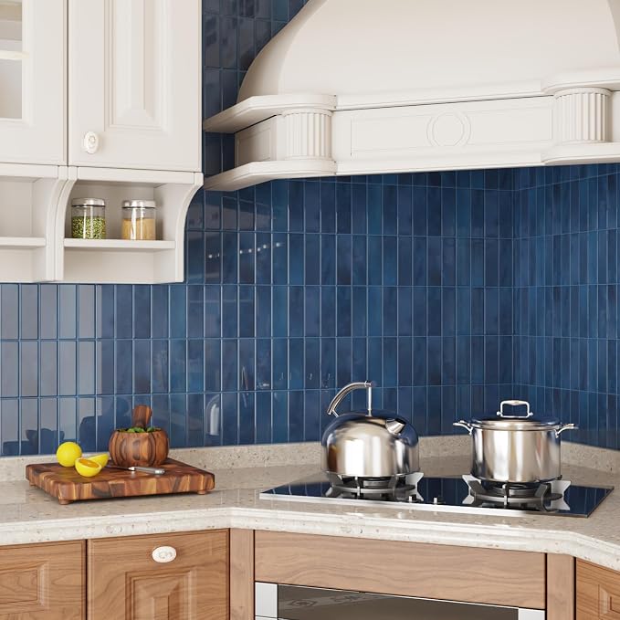 CRE8TIVE 16 Sheets Straight Linear Peel and Stick Tile for Bathroom Kitchen Backsplash Tiles Peel and Stick on Blue Tile Self Adhesive Rectangular Subway Tiles for Laundry Room Shower Walls 12"x12"