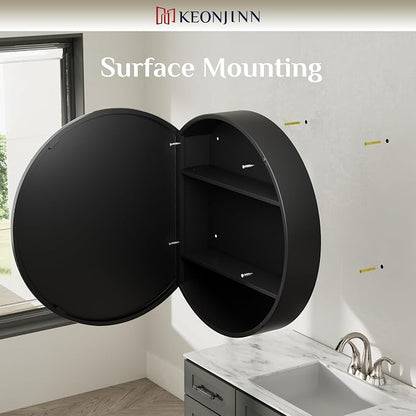 Keonjinn 24" x 24" Round Medicine Cabinet Mirror, Brushed Nickel Mirror Medicine Cabinet Wall Mounted, Circular Medicine Cabinets with Mirrors, Circle Framed Vanity Mirror with Storage | Metal Wall Mount Medicine Cabinet for Bathroom, Shatter-proof, Ad...