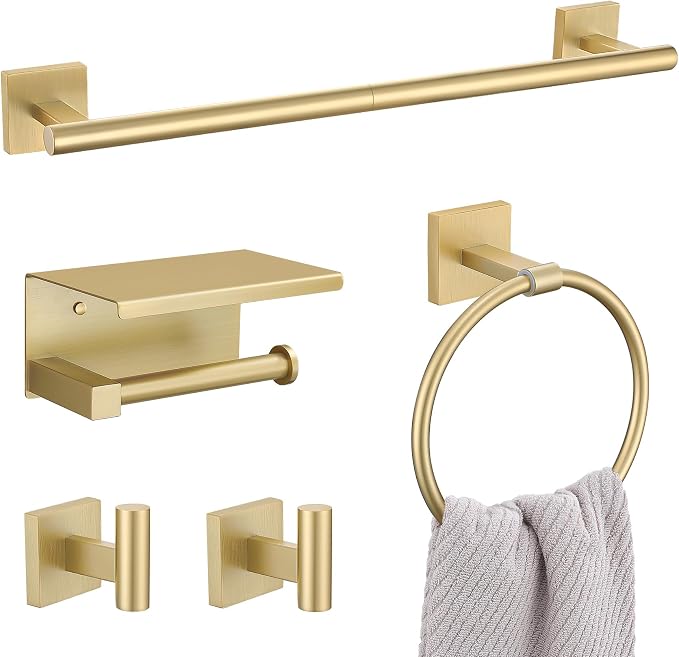 Lairuier Bathroom Hardware Set Brushed Gold, Towel Holder Set Wall Mounted | Bathroom Accessories Set, SUS304 Stainless Steel 23.6" Towel Bar, Toilet Paper Holder with Shelf, Towel Ring and Towel Hooks