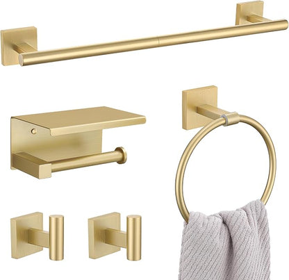 Lairuier Bathroom Hardware Set Brushed Gold, Towel Holder Set Wall Mounted | Bathroom Accessories Set, SUS304 Stainless Steel 23.6" Towel Bar, Toilet Paper Holder with Shelf, Towel Ring and Towel Hooks