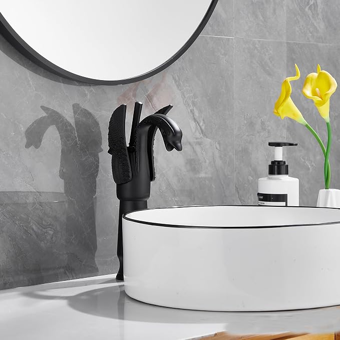 Matte Black Swan Shape Single Handle 1Hole Bathroom Vessel Sink Faucet Deck Mount Lavatory Sink Faucet