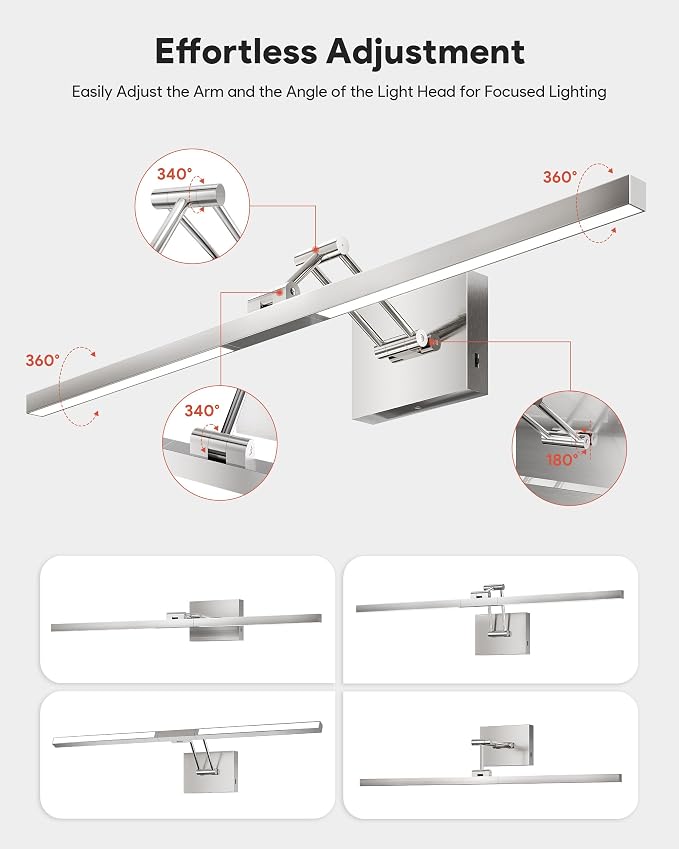 VONLUCE 30" Modern LED Bathroom Vanity Light, Brushed Chrome | 3CCT, Flicker-free, 360° Rotatable Head & Swing Arm, IP44 waterproof Bathroom Light Fixture Over Mirror for Bathroom, Picture