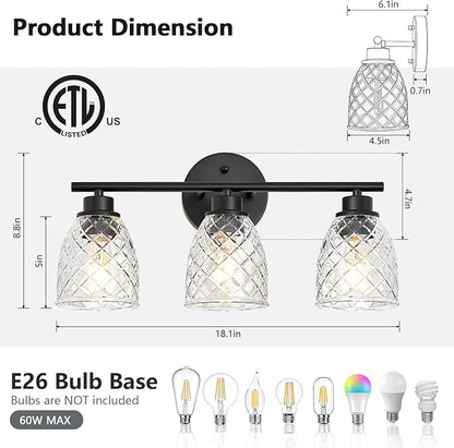 3-Light Vanity Light Over Mirror, Black Bathroom Light Fixtures | Modern Farmhouse Wall Lamp with Hammered Glass Lampshade for Kitchen Hallway Bedroom Living Room Cabinet Porch-18.1IN