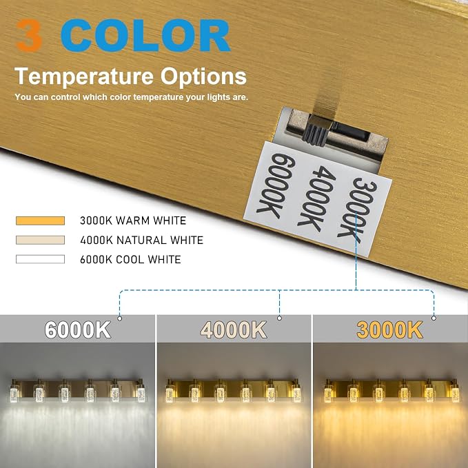 SineRise Vanity Light with 3 Color Modes (3000K/4000K/6000K), Eye Protection LED Bathroom Light Fixture, Dimmable Modern Wall Light Over Mirror with Clear Glass Shade (Gold, 6-Light)