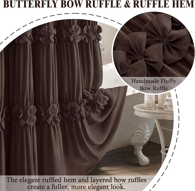 Ruffle Farmhouse Linen Shower Curtain with Vintage Bow Brown 72" W x 72" H | Linen Blend Fabric, Ruffle Bow and Ruffled Hem，Linen Texture，Machine Washable，12 Metal Holes and Plastic Hooks