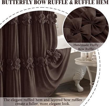 Ruffle Farmhouse Linen Shower Curtain with Vintage Bow Brown 72" W x 72" H | Linen Blend Fabric, Ruffle Bow and Ruffled Hem，Linen Texture，Machine Washable，12 Metal Holes and Plastic Hooks