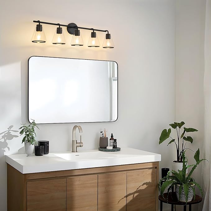 38.5" Black Bathroom Vanity Light, 5 Light Modern Vanity Lighting Fixture | Vanity Lights with Clear Glass Shade, Bathroom Wall Light Over Mirror, Wall Sconces for Bathroom Bedroom