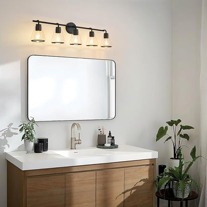 38.5" Black Bathroom Vanity Light, 5 Light Modern Vanity Lighting Fixture | Vanity Lights with Clear Glass Shade, Bathroom Wall Light Over Mirror, Wall Sconces for Bathroom Bedroom