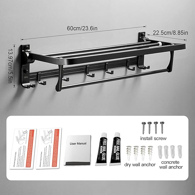 Towel Rack Wall Mount for Bathroom with Towel Bar and Hooks 23.6 in Foldable Towel Shelf Lavatory Towel Organizer Matte Black