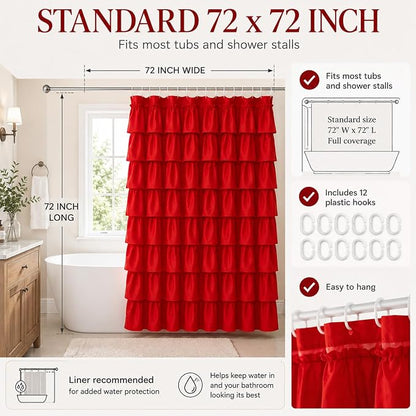 Red Ruffle Shower Curtain for Bathroom, 72x72, Cottagecore Rural Farmhouse | Cascading Layered Ruffles, Standard 72" x 72" Fits Most Tubs & Showers, 12 Hooks Inclouded, Machine Washable, Soft Microfiber