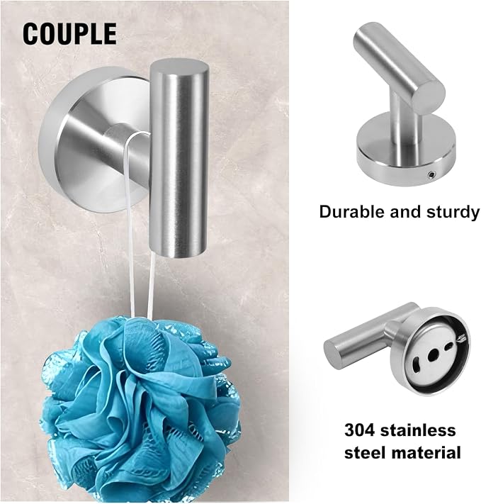 5 Piece Modern Style Wall Mounted Bathroom Hardware Set | #304 Stainless Steel, 24" Towel Bar Mount, Towel Rings, 2 Pillar Toilet Paper Holder, Bathrobe Hook (Brushed Nickel)