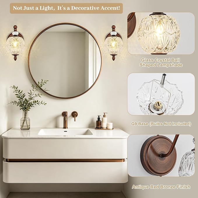 1 Piece Vintage Wall Sconce, 1-Light Mid Century Antique Red Bronze Finish Wall Sconce with Globe Glass Shade, Retro Light for Bathroom, Bedroom, Living Room,Powder Room