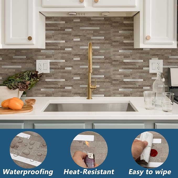 Yipscazo 2 Sheets PVC Wall Tiles Stick on Tiles for Backsplash Kitchen, Bathroom, Laundry Room, Camper, Fireplace (6'' X 12'', Brownish Stone)