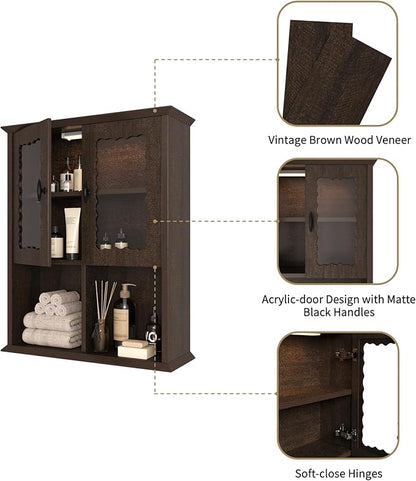 CJL Bathroom Wall Cabinet with Motion Sensor Led Light, Over The Toilet Storage Cabinet, 23.6'' x 29.5'' Medicine Cabinet of Mid-Century Modern Design with Acrylic Door, Brown