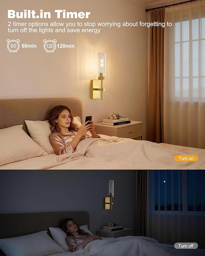 Gold Wireless Modern Battery Operated Wall Sconce Set of 2, Rechargeable Cordless Wall Lights with Remote, Dimmable Wall Lamp Decor for Bedroom Living Room Bathroom Hallway Entryway Stair