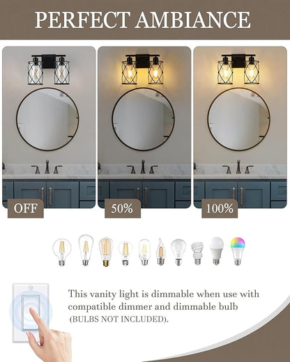 2-Light Black Bathroom Light Fixtures, 13.8 Inch Modern Bathroom Vanity Lighting Fixtures Over Mirror with Clear Glass and Metal Cage Wall Sconce Lights for Bath, E26, CH9176BK-2W