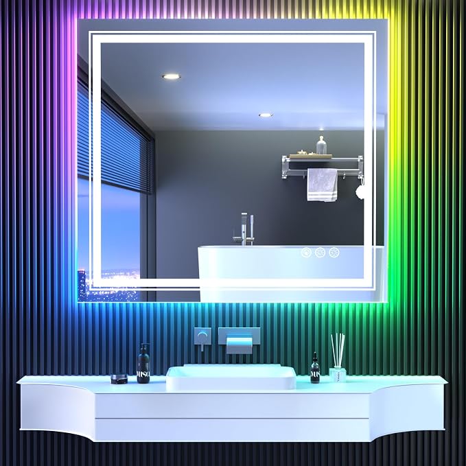 Snowdool 40 x 36 in RGB LED Bathroom Mirror, Front and Backlit, Anti-Fog | 8 RGB Backlight Modes, 3 Front Light Colors, Anti-Fog, Tempered Glass