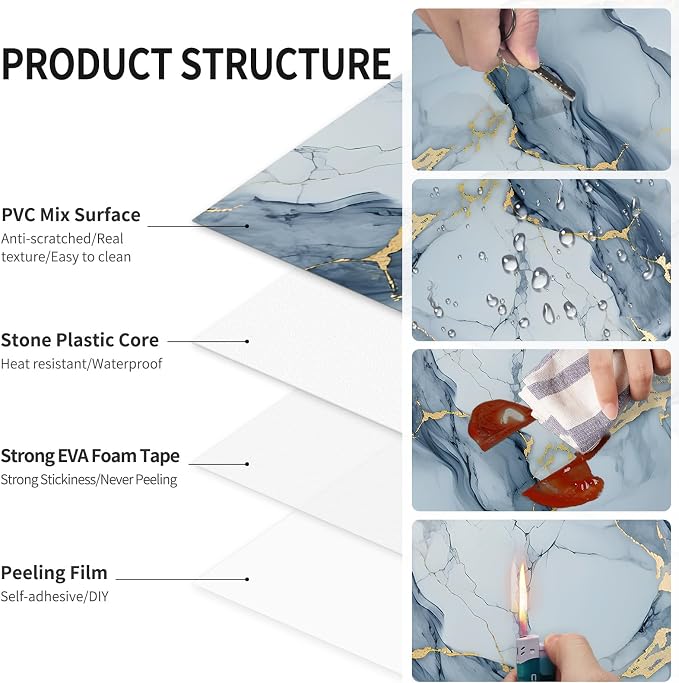 10 Sheets Marble Peel and Stick Backsplash Tile, 12"x12" Waterproof PVC Self Adhesive Tile Shower Wall Panels for Bathroom, Kitchen, Living Room (Metallic Blue) | Adhesive tiles kitchen bathroom PVC tiles self-adhesive kitchen back wall tiles self-adhe...