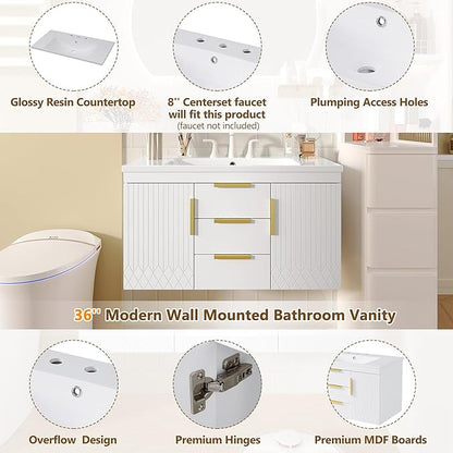 36'' Wall Mounted Bathroom Vanity, Floating Bathroom Storage Cabinet with 2 Drawers, Solid Wood Cabinet,White