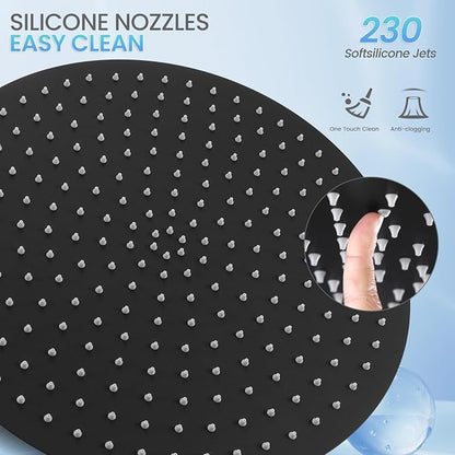 16 inch Matte Black Round Ceiling Rainfall Shower Head, All Metal Stainless Steel 304, Full Body Rainfall Shower with 230 Silicone Nozzles