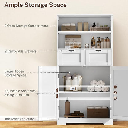 Iwell Tall Bathroom Cabinet, Storage Cabinet with 2 Drawers & Adjustable Shelves, Bathroom Storage Cabinet for Living Room, Dining Room, Entryway, White