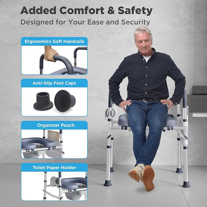 Bedside Commode for Seniors,FSA/HSA Eligible 3-in-1 Commode Toilet | Adjustable Height & Width, 16.5 Inch Soft Seat Plate, Tool-Free Assembly, Durable Aluminum Frame, Use as Raised Toilet