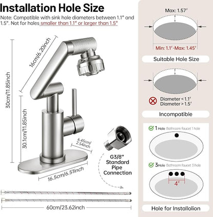 Wicibim Brushed Nickel Bathroom Sink Faucet, Stainless Steel Single Handle with 1080° Rotation, 2 Water Outlet Modes, Hot and Cold Hoses,Swivel Faucet