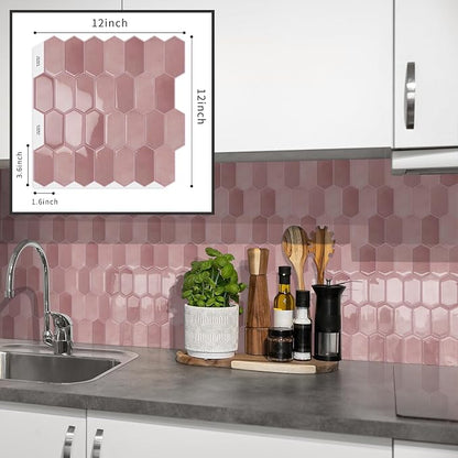 10-Sheet Long Hexagon Peel and Stick Kitchen Backsplash Tiles | 3D Waterproof Self-Adhesive Wall Tile Stick on Backsplash for Kitchen, Bathroom, Fireplace,RV(Pink,12"×12")