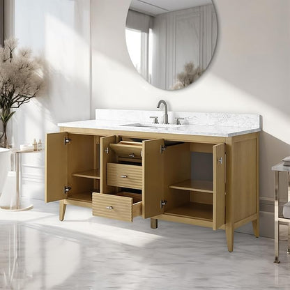 Vanity Art 60 inch Oak Bathroom Vanity with Single Sink & Ceramic Top, Vanity Cabinet with Soft-Closing Door, Solid Wood Frame, Linear Pattern, Natural Oak, VA9160-SNO-MB,Matte Black Handles