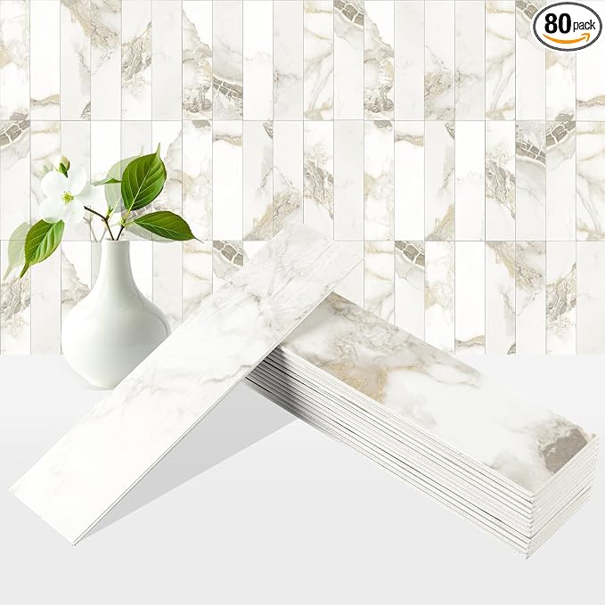 80-Piece Polished Marble Thick PVC Peel and Stick Backsplash, 2" x 8" Waterproof Subway Tile Peel and Stick Wall Tiles for Kitchen and Bathroom